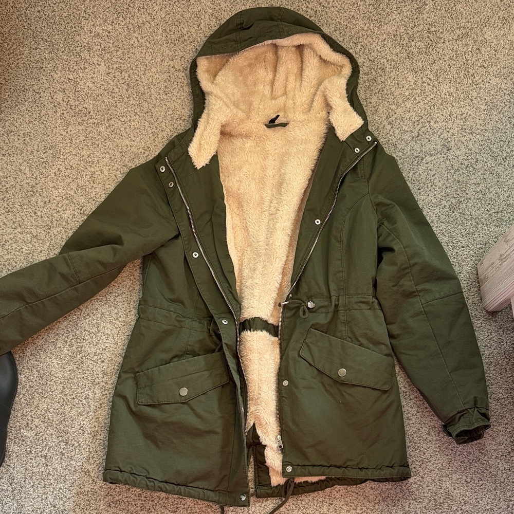 Olive Green Hooded Coat with Faux Fur Lining